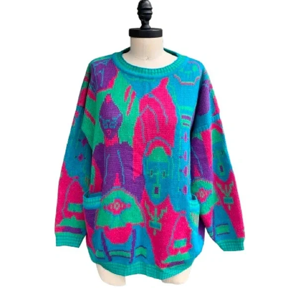 Vintage 80s People Faces Multicolor Kitschy Novelty AOP Sweater - Picture 3 of 16